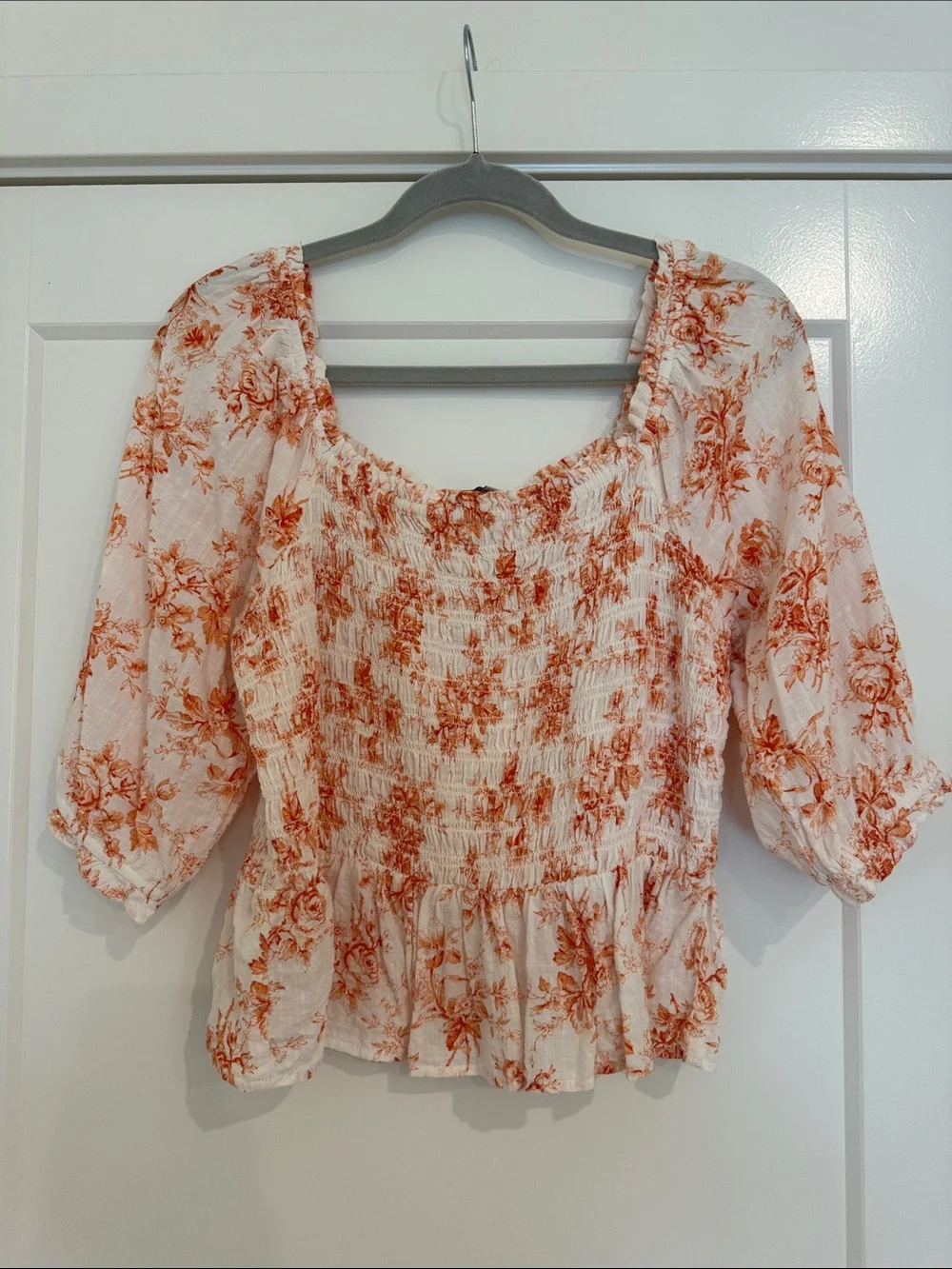 LOFT White Peasant Blouse with Rust Floral Print